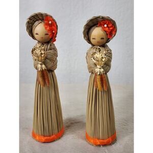 Peg Wood Straw Girl Doll 5 1/4" Trimmer Wicker Bonnets 70s Holding Corn Korea